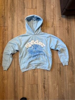 Unbranded Sky Blue Crewneck Hoodie with Spider Web Graphic